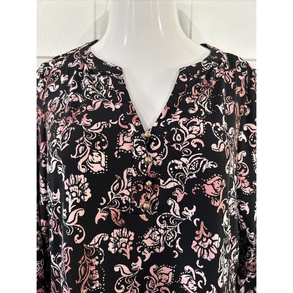 Dana Buchman Stretch Knit Tunic Career Wear Blouse Top Black & Pink Women's L - Picture 4 of 13